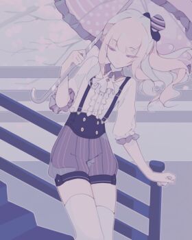 1other akiyama_mizuki ascot black_suspenders brooch center_frills closed_mouth commentary commentary_request drill_hair drill_ponytail drill_sidelocks frilled_sleeves frills gem hashtag-only_commentary hat high_side_ponytail highres holding holding_umbrella jewelry light_smile mini_hat mini_top_hat official_alternate_costume on_stairs oogypng other_focus outdoors pale_color pink_eyes pink_hair project_sekai purple_gem purple_shorts shorts sidelocks stairs standing suspender_shorts suspenders symbol-only_commentary thighhighs top_hat tree umbrella white_ascot white_thighhighs