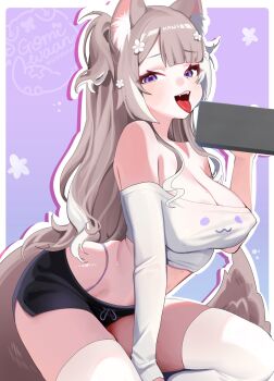 Rule 34 | 1girl, animal ears, bare shoulders, between legs, black shorts, breasts, brown hair, cleavage, commission, covered erect nipples, crop top, dog ears, dog girl, dog tail, drawstring, fangs, fellatio gesture, gomi (gomiwaan), hand between legs, hand up, highleg, highres, large breasts, long hair, long sleeves, looking at viewer, micro shorts, midriff, mole, mole on breast, multicolored hair, off-shoulder shirt, off shoulder, one side up, open mouth, panty straps, purple eyes, sakurai hana, shirt, short shorts, shorts, smile, solo, stomach, streaked hair, tail, thighhighs, thighs, tongue, tongue out, vdonburi, very long hair, virtual youtuber, white shirt, white thighhighs