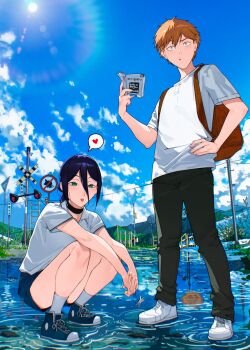 1boy 1girl black_choker black_hair black_pants blue_sky brown_hair cesar_art456 chainsaw_man choker day denji_(chainsaw_man) full_body green_eyes heart highres looking_at_viewer outdoors pants reze_(chainsaw_man) shirt short_sleeves shorts sky spoken_heart squatting standing sun white_shirt