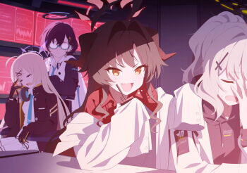 ahoge artist_request black_gloves black_hair black_halo black_hoodie black_jacket blonde_hair blue_archive blue_necktie chihiro_(blue_archive) closed_eyes closed_mouth collared_shirt demon_girl demon_horns fang game_cg glasses gloves green_halo hair_between_eyes hair_intakes halo hare_(blue_archive) headphones headphones_around_neck highres holding holding_walkie-talkie hood hoodie horns jacket kasumi_(blue_archive) kotama_(blue_archive) lab_coat long_hair looking_at_another necktie non-web_source official_art opaque_glasses open_mouth ponytail purple_halo red_halo red_shirt shirt short_hair sigh sleeves_past_fingers sleeves_past_wrists walkie-talkie white_jacket white_shirt yellow_eyes