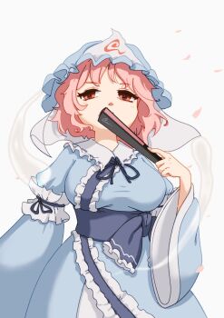 1girl ay606078 blue_hat blue_kimono blue_ribbon breasts commentary cowboy_shot falling_petals folded_fan folding_fan frilled_kimono frills hand_fan hashtag-only_commentary hat hitodama holding holding_fan japanese_clothes kimono long_sleeves medium_breasts mob_cap neck_ribbon petals pink_eyes pink_hair pink_petals ribbon saigyouji_yuyuko sleeve_garter solo touhou triangular_headpiece wide_sleeves