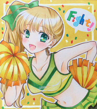 1girl armpits arukapismillust blonde_hair bow breasts cheering cheerleader collarbone commentary_request confetti cowboy_shot crop_top cropped_shirt english_text green_bow green_eyes green_shirt green_skirt hair_bow holding holding_pom_poms long_hair looking_at_viewer marker_(medium) microskirt navel open_mouth original outline pom_pom_(cheerleading) pom_poms shirt side_ponytail skirt sleeveless sleeveless_shirt smile solo speech_bubble stomach traditional_media white_outline yellow_background