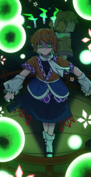 2girls absurdres arm_warmers black_shirt black_shoes black_skirt blonde_hair bridge brown_shirt candle clone commentary_request danmaku fire full_body glowing glowing_eyes green_eyes green_fire hashihime highres holding holding_mallet holding_nail looking_at_viewer mallet mary_janes mizuhashi_parsee multiple_girls nail_(hardware) no_mouth pointy_ears railing scarf shaded_face shirt shoes short_hair short_sleeves skirt socks standing starjinxin touhou undershirt white_scarf white_socks