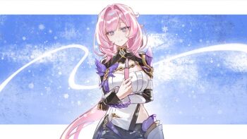 1girl black_shorts black_shrug blue_eyes blue_sky breasts chinese_commentary commentary_request corset elf elysia_(honkai_impact) elysia_(miss_pink_elf)_(honkai_impact) highres holding honkai_(series) honkai_impact_3rd large_breasts looking_at_viewer pink_hair pink_pupils pointy_ears procreate_(medium) seawave02974 shorts shrug_(clothing) sky smile solo white_corset