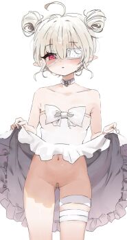 1girl absurdres ahoge bandaged_leg bandages bandaid bandaid_on_pussy bare_arms bare_shoulders blush bow breasts brown_hair clothes_lift collarbone commentary_request double_bun dress dress_lift eyepatch frilled_dress frills gluteal_fold groin hair_bun highres lifting_own_clothes loli looking_at_viewer medical_eyepatch navel no_panties original parted_lips pointy_ears purple_eyes saeda8e short_hair simple_background small_breasts solo strapless strapless_dress white_background white_bow