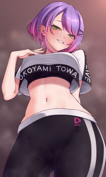 1girl absurdres arm_behind_back black_pants breasts brown_background cameltoe character_name commentary_request crop_top cross cross_earrings ear_piercing earrings gradient_hair green_eyes grin hand_up highres hololive hololive_dance_practice_uniform jewelry looking_at_viewer medium_breasts multicolored_hair multiple_piercings navel navel_piercing pants piercing pink_hair purple_hair revision shirt short_hair smile solo steam steaming_body stomach sweat tokoyami_towa virtual_youtuber white_shirt yoga_pants zellam