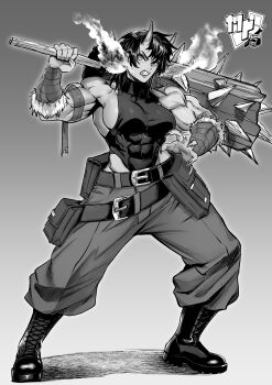 1girl abs absurdres baggy_pants bandaged_arm bandages bare_shoulders belt belt_pouch biceps boots borrowed_character breasts claw_pose clenched_teeth club club_(weapon) commentary commission covered_abs english_commentary ericmartindood fingernails full_body fur_trim gradient_background greyscale hair_between_horns heattech_leotard highres hina_(chippdraws) holding holding_club holding_weapon horns impossible_clothes impossible_leotard kanabou lace-up_boots large_breasts leotard long_fingernails monochrome multiple_belts muscular muscular_female oni original pants pouch sharp_fingernails sideboob sleeveless sleeveless_turtleneck solo spiked_club teeth turtleneck v-shaped_eyebrows weapon
