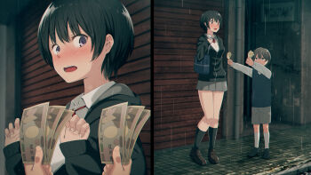 1boy 1girl age_difference bag black_footwear black_hair black_jacket black_legwear blush bob_cut brown_footwear brown_hair child close-up collared_shirt commentary_request dress_shirt embarrassed full_body garage grey_shorts hair_between_eyes hands_up highres holding holding_money jacket kemuri_haku loafers long_sleeves looking_at_another looking_at_viewer looking_up money neck_ribbon onee-shota open_mouth original outdoors outstretched_arms overhead_door prostitution purple_eyes rain red_ribbon ribbon school_uniform shirt shoes short_hair shorts shoulder_bag sidewalk sleeves_past_wrists socks sweater_vest white_legwear white_shirt