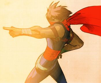 Rule 34 | 1boy, bengus, brown eyes, brown hair, facing to the side, furrowed brow, game cg, hand on own hip, highres, male focus, marvel vs. capcom, marvel vs. capcom 2, mask, mouth mask, muscular, ninja, non-web source, official art, outstretched arm, pointing, red mask, red scarf, scan, scarf, simple background, solo, standing, strider (video game), strider hiryuu, wrist wrap