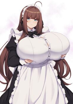 1girl ahoge arashiki_mamizu black_bow black_bowtie blue_eyes bow bowtie breasts brown_hair button_gap commentary_request dress gigantic_breasts grabbing_own_breast highres long_hair long_sleeves looking_at_viewer maid maid_headdress miyoshi_renka original presenting_breasts simple_background solo textless_version very_long_hair white_background