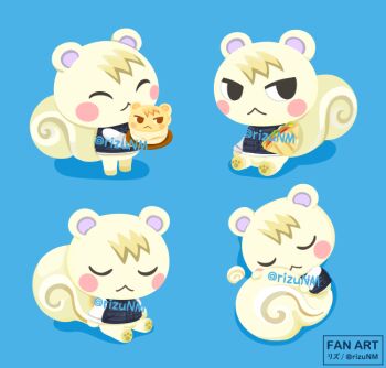 1boy :< ^_^ animal_crossing black_eyes blonde_hair blue_background blue_shirt blush_stickers closed_eyes curled_up food furry furry_male holding holding_food holding_plate layered_clothes layered_sleeves long_sleeves looking_to_the_side male_focus marshal_(animal_crossing) multiple_views nintendo plate rizu_(rizunm) shirt short_over_long_sleeves short_sleeves sideways_glance simple_background sitting sleeping squirrel_boy twitter_username watermark white_shirt