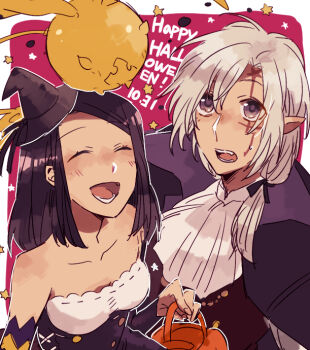 1boy 1girl allen_walker bag bare_shoulders black_ribbon blush border breasts brown_hat brown_vest buttons chain closed_eyes coat collarbone collared_coat commentary_request corset creature cross d.gray-man detached_sleeves dress dress_shirt english_text facial_mark facing_another facing_up facing_viewer forehead_mark gold_chain golem_(d.gray-man) hair_between_eyes hair_over_shoulder hair_ribbon halloween halloween_costume happy_halloween hat holding holding_bag horns iyo_(kurumiwarin) lenalee_lee looking_at_another looking_up low-tied_medium_hair medium_hair mini_hat neckerchief open_mouth orange_bag outside_border parted_lips pink_background pointy_ears purple_coat purple_corset purple_eyes purple_hair purple_sleeves ribbon scar scar_across_eye scar_on_face shirt sidelocks sleeveless sleeveless_dress small_breasts smile star_(symbol) star_facial_mark strapless strapless_dress striped_sleeves sweat sweatdrop tail timcanpy vampire_costume vest white_border white_dress white_hair white_neckerchief white_shirt wings witch_hat yellow_star