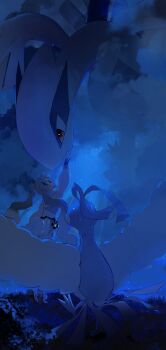 1girl 2others absurdres altaria arm_up black_eyes closed_mouth cloud cloudy_sky flying_miku_(project_voltage) gen_2_pokemon gen_3_pokemon hatsune_miku highres kamatoyu legendary_pokemon long_hair looking_at_another lugia multiple_others night nintendo official_alternate_costume official_alternate_hairstyle poke_ball pokemon project_voltage sky sweat twintails vocaloid waist_poke_ball