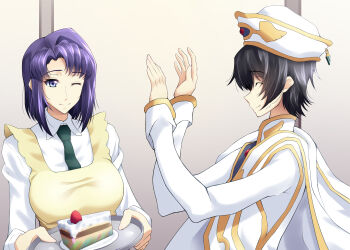 1boy 1girl apron black_hair black_necktie blue_eyes brown_apron cake cake_slice cecile_croomy cloak closed_eyes code_geass food happy_birthday hat holding holding_plate lelouch_vi_britannia miraino_tsubasa necktie one_eye_closed plate purple_hair shirt short_hair sidelocks simple_background smile upper_body white_cloak white_hat white_shirt