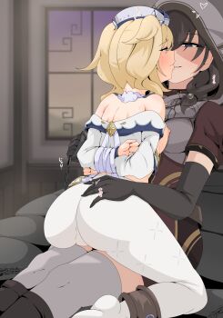 2girls absurdres ass ass_grab barbara_(genshin_impact) bare_shoulders black_hair blonde_hair blue_eyes blush bound bound_arms breasts breasts_out cameltoe deep_skin defeat detached_sleeves elbow_gloves eye_contact from_behind genshin_impact gloves grin hat highres hood huge_ass long_hair looking_at_another medium_breasts multiple_girls nipples pantyhose ryona smile sweat thick_thighs thighhighs thighs translation_request treasure_hoarder_(genshin_impact) ttptt twintails