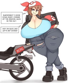 Rule 34 | 1girl, aged up, bandana, blue eyes, blush, breasts, brown hair, cleavage, curvy, female focus, full body, gigantic breasts, helmet, looking at viewer, may (pokemon), motor vehicle, motorcycle, nintendo, pants, pokemon, rtil, short hair, solo, speech bubble, thick thighs, thighs, torn clothes, torn pants, wide hips