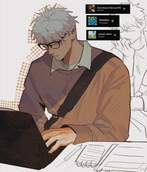 1boy absurdres alternate_costume bag black-framed_eyewear black_bag brown_sweater chromatic_aberration closed_mouth collared_shirt commentary computer english_commentary film_grain gojou_satoru hair_over_eyes halftone_shadow highres jujutsu_kaisen laptop lensless_glasses looking_at_object male_focus mole mole_under_eye mole_under_mouth notebook pencil screenshot_inset shirt shirt_under_sweater short_hair shoulder_bag sketch_background sketch_inset song_name spotify sweater table to_0fu typing white_background white_hair white_shirt