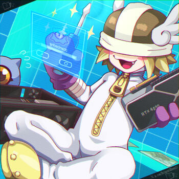 1other blonde_hair bodysuit covered_eyes dclaret digimon digimon_(creature) fang geforce_rtx_4090 graphics_card helmet helmet_over_eyes highres holding holding_screwdriver kneeling kuramon luxmon screwdriver short_hair solo_focus white_bodysuit winged_helmet