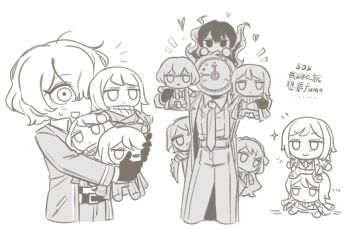 ... 1boy 1other belt belt_buckle buckle character_doll clock closed_mouth collared_shirt cowboy_shot dante_(limbus_company) doll faust_(project_moon) fire gloves gregor_(project_moon) greyscale hands_up highres ishmael_(project_moon) lapels limbus_company long_sleeves monochrome notched_lapels notice_lines object_head ohzv open_mouth outis_(project_moon) project_moon shirt short_hair sidelocks simple_background sinclair_(project_moon) smile stack sweat yi_sang_(project_moon)