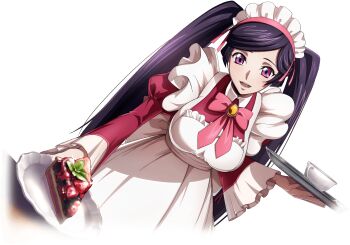 1girl alternate_costume apron black_hair blue_dress breasts code_geass code_geass:_dakkan_no_roze code_geass:_lost_stories commentary_request dress enmaided f4samurai frilled_apron frills game_cg highres large_breasts long_hair maid maid_apron maid_headdress multiple_girls official_art open_mouth pink_dress pink_eyes smile sumeragi_sakuya teeth twintails white_apron