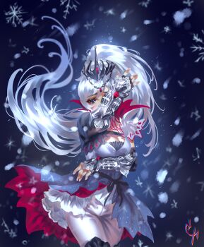 1girl absurdres adapted_costume black_gloves blue_eyes breasts cleavage coconuthound cowboy_shot diadem fingerless_gloves floating_hair gem gloves hair_between_eyes high_ponytail highres long_hair medium_breasts pants ponytail red_gemstone rwby shrug_(clothing) snowflakes solo standing very_long_hair weiss_schnee white_hair white_pants