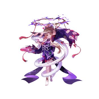 1girl alternate_costume animal_print barefoot blonde_hair brown_hat chakram closed_mouth frog_print game_cg hair_ribbon halo hat highres holding holding_weapon japanese_clothes kimono long_hair long_sleeves looking_at_viewer mishaguji moriya&#039;s_iron_rings moriya_suwako non-web_source official_art ofuda ofuda_on_clothes ofuda_on_leg print_kimono purple_kimono red_ribbon ribbon second-party_source snake solo tachi-e toes torn_clothes torn_sleeves touhou touhou_gensou_eclipse tress_ribbon u_u_zan weapon white_background white_snake wide_sleeves yellow_eyes