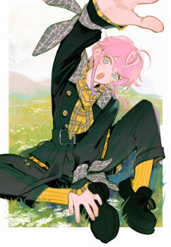 1boy absurdres amemura_ramuda androgynous argentum_1121 belt black_belt black_jacket black_pants black_shoes blue_eyes crossed_bangs field flower flower_field full_body grass hand_on_own_foot hand_up head_tilt highres hypnosis_mic jacket looking_at_viewer male_focus pants pink_hair reaching reaching_towards_viewer scarf shoes sitting socks trap yellow_scarf yellow_socks