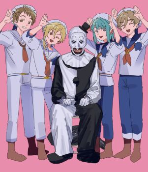 5boys :d ;d absurdres ahoge art_the_clown belt belt_buckle black_eyeliner black_eyes black_hat black_lips black_shoes blonde_hair blue_hair blue_pants blue_sailor_collar blunt_bangs blunt_ends bob_cut boots bright_pupils brown_boots brown_eyes brown_hair buckle chair choppy_bangs clenched_hands clenched_teeth closed_eyes clown crossover ensemble_stars! eyeliner full_body gloves grin hair_between_eyes hand_up hands_on_own_thighs hands_up hat highres horror_(theme) looking_at_another looking_at_viewer makeup male_focus mashiro_tomoya mini_hat mini_top_hat multicolored_belt multiple_boys neck_ruff neckerchief necktie nito_nazuna on_chair one_eye_closed open_mouth pants pants_rolled_up parted_bangs pierrot pink_background pom_pom_(clothes) purple_eyes rabbit_pose rabbits_(ensemble_stars!) raised_eyebrows red_eyes red_neckerchief red_necktie sailor_collar sailor_hat sailor_shirt shino_hajime shirt shoes short_bangs short_hair side-by-side sideways_glance simple_background single_sidelock sitting sleeve_cuffs smile standing straight-on striped_belt teeth tenma_mitsuru terrifier_(movie) three-quarter_sleeves tohzai_namboku top_hat trash_bag very_short_hair white_facepaint white_gloves white_hat white_pants white_pupils white_sailor_collar white_shirt