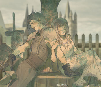 1boy 1girl aerith_gainsborough armor baggy_pants bare_shoulders black_gloves black_hair blurry blurry_background blush boots brown_hair buster_sword closed_eyes collarbone couple crisis_core:_final_fantasy_vii cross_scar dress drill_hair drill_sidelocks facial_scar feet_out_of_frame final_fantasy final_fantasy_vii gloves hand_on_another's_arm head_on_another's_shoulder highres holding_another's_arm long_dress long_hair nul open_mouth outdoors pants parted_bangs planted planted_sword planted_weapon ribbed_sweater scar scar_on_cheek scar_on_face shoulder_armor sidelocks sitting sleeveless sleeveless_dress sleeveless_turtleneck smile spiked_hair sweater sword tree turtleneck turtleneck_sweater under_tree weapon zack_fair