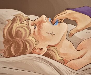 2boys bed blonde_hair blue_eyes blue_lips bridal_gauntlets commentary english_commentary facial_scar finger_in_another&#039;s_mouth finn_ivann freckles gyro_zeppeli highres johnny_joestar jojo_no_kimyou_na_bouken lying makeup medium_hair multiple_boys nude on_back on_bed purple_bridal_gauntlets saliva scar scar_on_cheek scar_on_face steel_ball_run yaoi