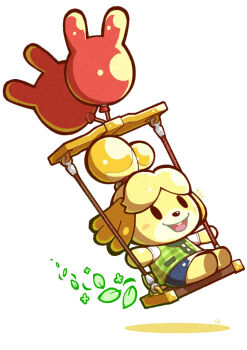 Rule 34 | 04sora40, 1girl, :d, animal crossing, balloon, blue skirt, chibi, commentary, full body, green vest, isabelle (animal crossing), nintendo, on swing, open mouth, shirt, simple background, sitting, skirt, smile, solo, super smash bros., swing, vest, white background, white shirt