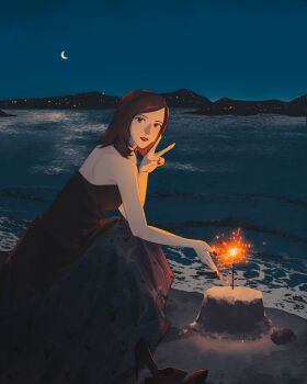 1girl absurdres amano_maya bare_arms bare_shoulders beach black_hair challlllk city_lights commentary crescent_moon dress fireworks from_side highres looking_at_viewer looking_to_the_side medium_hair moon mountainous_horizon night ocean outdoors parted_lips persona persona_2 red_lips red_nails sand solo sparkler squatting strapless strapless_dress swept_bangs v