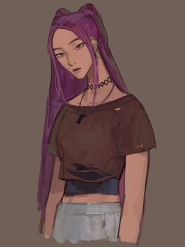 Rule 34 | 1girl, absurdres, black choker, black tank top, brown background, brown shirt, choker, closed mouth, collarbone, commentary, cowboy shot, ear piercing, earrings, english commentary, eyelashes, half-closed eyes, highres, jewelry, kpop demon hunters, lace, lace choker, long hair, looking at viewer, mira (kpop demon hunters), necklace, piercing, pink pupils, purple eyes, purple hair, red lips, shirt, short sleeves, sidelocks, simple background, skirt, solo, standing, suqling, t-shirt, tank top, two side up, white skirt