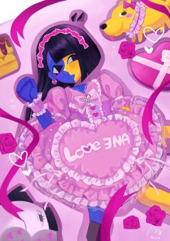 Rule 34 | 2girls, animal, asymmetrical hair, black eyes, black hair, blue skin, blunt bangs, blunt ends, colored skin, dog, dress, ena (ena), ena (series), ena (species), ena (web series), floating head, food, happy ena, highres, hourglass dog, lolita fashion, long hair, low poly, moony (ena), multicolored skin, multiple girls, pink dress, ribbon, short sleeves, split-color skin, turron, two-tone skin, usagimarumei, yellow skin