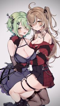 2girls ahoge ankle_boots antler_ribbon arm_around_shoulder black_boots black_dress black_hair black_skirt black_sweater blush boots breasts brown_hair brown_thighhighs ceres_fauna ceres_fauna_(goth) cleavage commentary dress emo_fashion english_commentary gradient_background green_hair grey_background grin hair_over_one_eye highres hololive hololive_english hug large_breasts long_hair looking_at_viewer multicolored_hair multiple_girls nanashi_mumei nanashi_mumei_(emo) oimo_0imo open_mouth pleated_skirt red_sweater short_hair side_ponytail skindentation skirt sleeves_past_wrists smile straddling streaked_hair striped_clothes striped_sweater sweater thigh_strap thighhighs torn_clothes torn_dress torn_sweater virtual_youtuber white_hair