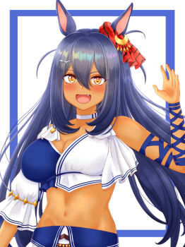 Rule 34 | 1girl, animal ears, arm up, armpits, black hair, blue shirt, blush, breasts, choker, cleavage, commentary request, ear ornament, fang, hair between eyes, highres, hishi amazon (azure amazon) (umamusume), hishi amazon (umamusume), horse ears, horse girl, horse tail, large breasts, long hair, looking at viewer, midriff, momomiyaj p, navel, open mouth, red eyes, shirt, simple background, smile, solo, tail, two-tone shirt, umamusume, upper body, very long hair, white background, white choker, white shirt