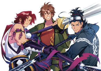 Rule 34 | 3boys, blue jacket, commentary request, detached sleeves, facial hair, goggles, goggles on head, green jacket, holding, holding polearm, holding weapon, jacket, jinkichi, looking at viewer, male focus, multiple boys, nihongou, nihongou (touken ranbu), otegine, polearm, ponytail, stubble, tonbokiri, tonbokiri (touken ranbu), touken ranbu, upper body, weapon, white background