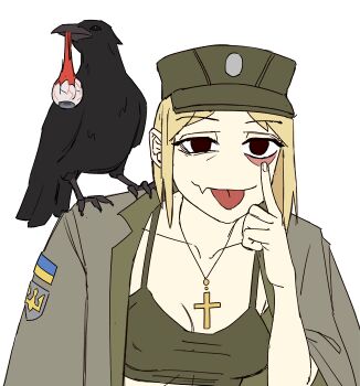 Rule 34 | 1girl, bag, bags under eyes, bird, blonde hair, breasts, brown eyes, brown jacket, cleavage, collarbone, cross, cross necklace, crow, fang, gesture request, green tank top, hat, jacket, jacket over shoulder, jewelry, limestone (artist), looking at viewer, marichka, mazepynka, mocking, necklace, original, russo-ukrainian war, severed eye, skin fang, solo, sticker, tank top, tongue, tongue out, transparent background, tryzub, ukrainian flag, unworn jacket, upper body