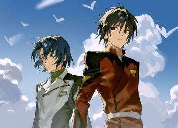 Rule 34 | 2boys, athrun zala, bird, black hair, blue hair, blue sky, closed mouth, cloud, commentary request, compass uniform, green eyes, gundam, gundam seed, gundam seed destiny, gundam seed freedom, highres, jacket, korean commentary, long sleeves, military uniform, multiple boys, red eyes, rlqaofm, shinn asuka, short hair, sky, zaft uniform