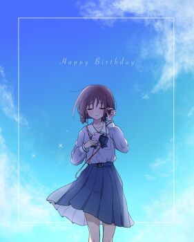 1girl arms_up blue_bow blue_bowtie blue_shirt blue_skirt blush bow bowtie brown_hair cellphone closed_eyes commentary dress_shirt girls_band_cry happy_birthday hashtag-only_commentary highres holding holding_phone inset_border iseri_nina lemoontya low_twintails phone purple_eyes school_uniform shirt short_hair short_twintails skirt sky smartphone solo tearing_up twintails
