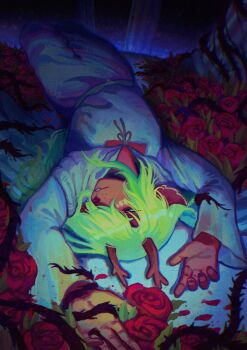 1girl antlers blonde_hair commentary deer_antlers deltarune english_commentary flower furry furry_female heiriz highres horns long_hair long_sleeves lying noelle_holiday noelle_holiday_(dark_world) on_back plant red_flower red_rose rose solo thorns utdr_(toby_fox) vines