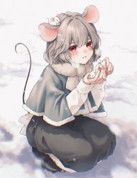 1girl animal animal_ears black_shoes black_skirt blush breath capelet commentary full_body fur-trimmed_capelet fur-trimmed_skirt fur_trim grey_capelet grey_hair grey_scarf highres holding holding_animal long_skirt long_sleeves looking_at_viewer mouse_ears mouse_on_head mouse_tail nazrin oshamu outdoors parted_lips red_eyes scarf shoes short_hair skirt snow snowing solo squatting sweater tail touhou twitter_username white_sweater
