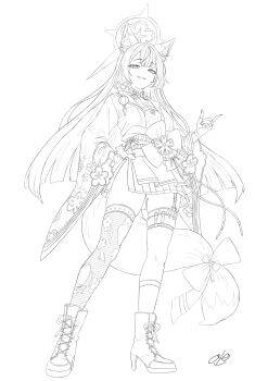 1girl absurdres animal_ear_fluff animal_ears blue_archive boots bow floral_print_sleeves fox_ears fox_girl fox_tail full_body furrowed_brow grin half-closed_eyes halo hand_on_own_hip hand_up high_contrast high_heel_boots high_heels highres japanese_clothes kimono lineart long_hair looking_at_viewer monochrome oto_jampan sash single_thighhigh skindentation smile solo standing tail tail_bow tail_ornament thigh_strap thighhighs torn_clothes torn_thighhighs wakamo_(blue_archive)