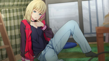 1girl black_socks blonde_hair breasts collar collarbone colored_eyelashes denim feet green_eyes highres jeans kawai_rika licking licking_finger medium_hair multicolored_hair ocza pants small_breasts socks spread_legs streaked_hair sweater wonder_egg_priority