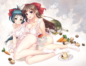 10s 2girls ahoge apron ass black_hair blush bow breast_press breasts brown_hair carrot cleavage covered_erect_nipples feet food hair_bow hair_ornament hairclip highres ice_cream irako_(kancolle) kantai_collection large_breasts long_hair looking_at_viewer mamiya_(kancolle) multiple_girls mushroom naked_apron no_shoes onion open_mouth paint_musume plate ponytail red_eyes smile socks spoon white_legwear