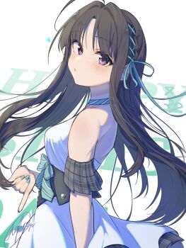Rule 34 | 1girl, ahoge, awa subaru, ayataka syumimi, black hair, braid, breasts, commentary, cowboy shot, dress, girls band cry, green nails, green ribbon, hair ribbon, happy birthday, heart, highres, long hair, looking at viewer, medium breasts, nail polish, parted bangs, purple eyes, ribbon, simple background, sleeveless, sleeveless dress, solo, white background, white dress