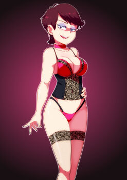 1girl alternate_breast_size ass_freckles bare_arms bare_shoulders black_nails body_freckles breasts brown_eyes brown_hair bustier cleavage collar collarbone cosplay eyelashes eyeshadow facing_viewer feet_out_of_frame female_focus fishnet_thighhighs fishnets freckles gradient_background half-closed_eyes hand_on_own_hip highres jcm2 lace lace-trimmed_legwear lace_trim legs_together lingerie looking_at_viewer luna_loud makeup matching_hair/eyes midriff nail_polish outline panties paperclip_earrings pink_collar pink_panties purple_eyeshadow simple_background skindentation solo standing the_loud_house thighhighs underwear underwear_only vampire:_the_masquerade_-_bloodlines velvet_velour velvet_velour_(cosplay) world_of_darkness