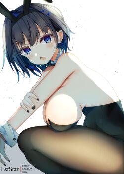 Rule 34 | 1girl, animal ears, aties20, black bow, black bowtie, black hair, black hairband, black leotard, black nails, blue eyes, blue hair, blush, bow, bowtie, breasts, brown pantyhose, collar, commentary request, detached collar, earrings, fake animal ears, feet out of frame, from side, gradient background, grey background, hair intakes, hair ornament, hairband, hairclip, hololive, hololive english, jewelry, large breasts, leotard, looking at viewer, looking to the side, multicolored hair, nail polish, open mouth, ouro kronii, pantyhose, playboy bunny, rabbit ears, solo, squatting, strapless, strapless leotard, stud earrings, two-tone hair, virtual youtuber, white background, white collar, wing collar, wrist cuffs, x hair ornament