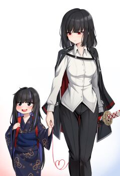 2girls absurdres araya_(project_moon) backpack bag black_hair black_jacket black_pants blue_hair blush breasts buttons collared_shirt commentary_request highres holding_hands jacket jacket_on_shoulders japanese_clothes kimono kisa_(leg3043) korean_commentary lcb_uniform_(project_moon) limbus_company long_hair looking_at_another looking_to_the_side medium_hair mother_and_daughter multicolored_hair multiple_girls open_mouth pants project_moon randoseru red_bag red_eyes ryoshu_(project_moon) sheath sheathed shirt small_breasts smile star-shaped_pupils star_(symbol) streaked_hair string sword symbol-shaped_pupils teeth two-tone_hair upper_teeth_only weapon white_shirt