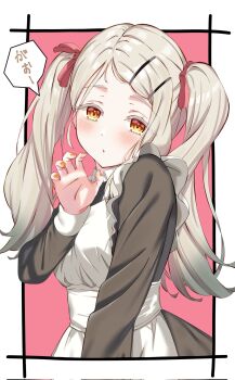 1girl alternate_costume apron black_dress blonde_hair blush border colored_eyelashes commentary_request contrast_collar dress enmaided fingernails frilled_apron frills gakuen_idolmaster gradient_hair grey_hair hair_ornament hair_ribbon hairclip hand_up highres idolmaster long_dress long_hair looking_at_viewer maid maid_apron multicolored_hair nail_polish nomo_(road0620rever) open_mouth orange_eyes orange_nails outside_border parallel_hairclips parted_bangs paw_pose pink_background pink_ribbon ribbon shinosawa_hiro simple_background solo translation_request twintails upper_body white_apron white_border